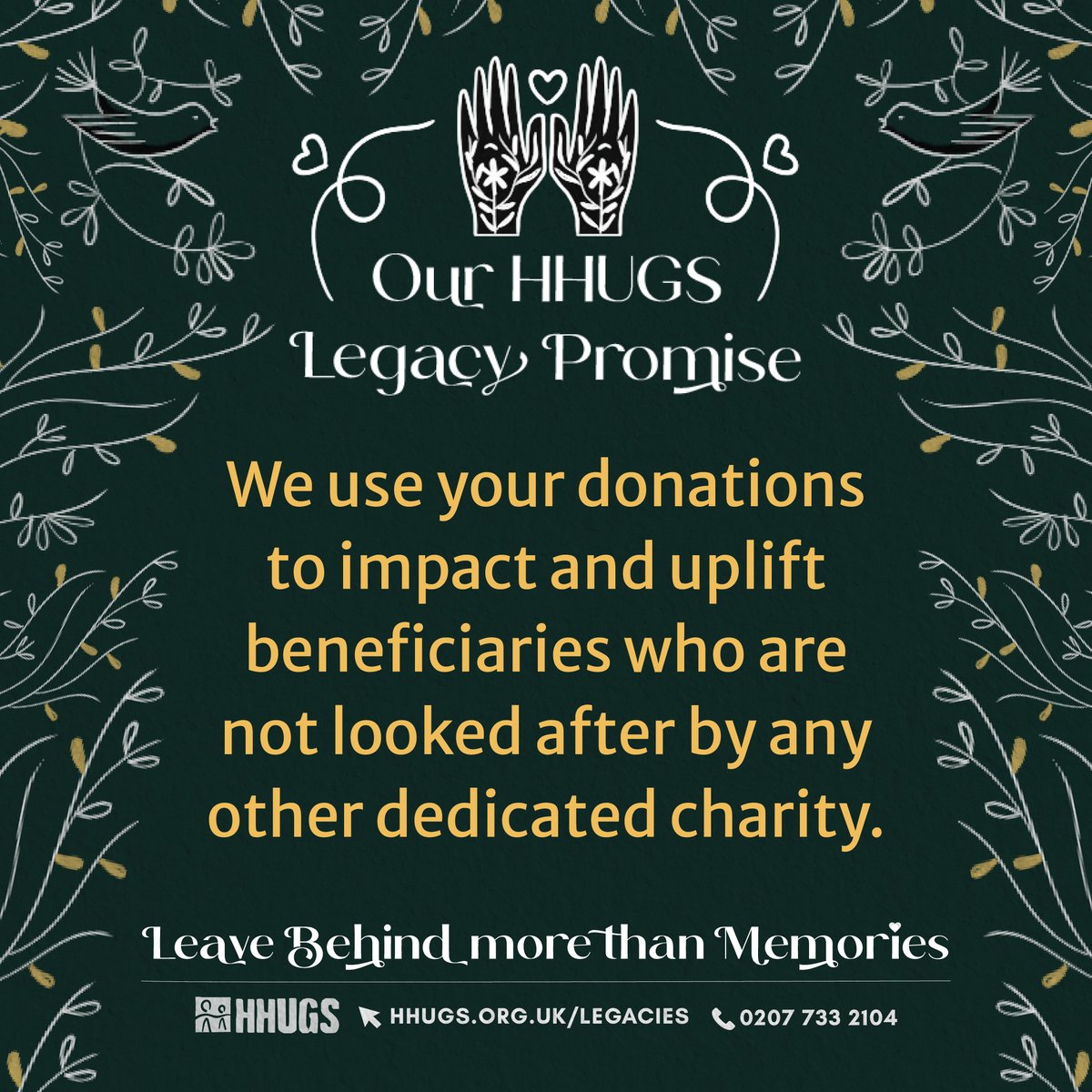 'We use your donations to impact and uplift beneficiaries who are not looked about by any other dedicated charity.'

'Leave behind more than memories'

 #HHUGSCharity #CharityWork #GiveBack #legacy