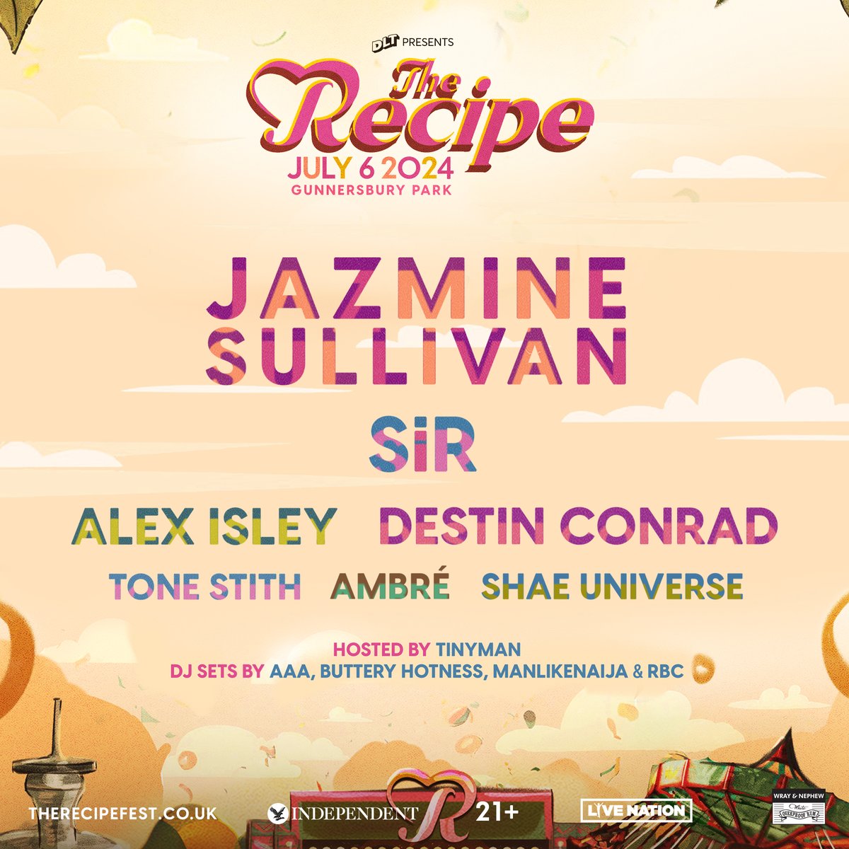 ICYMI: The Recipe, a brand new day festival from @dltbrunch, will bring an extraordinary celebration of music, culture & community to London's Gunnersbury Park this summer ☀️ Secure tickets 👉 livenation.uk/lsxF50R30Mz