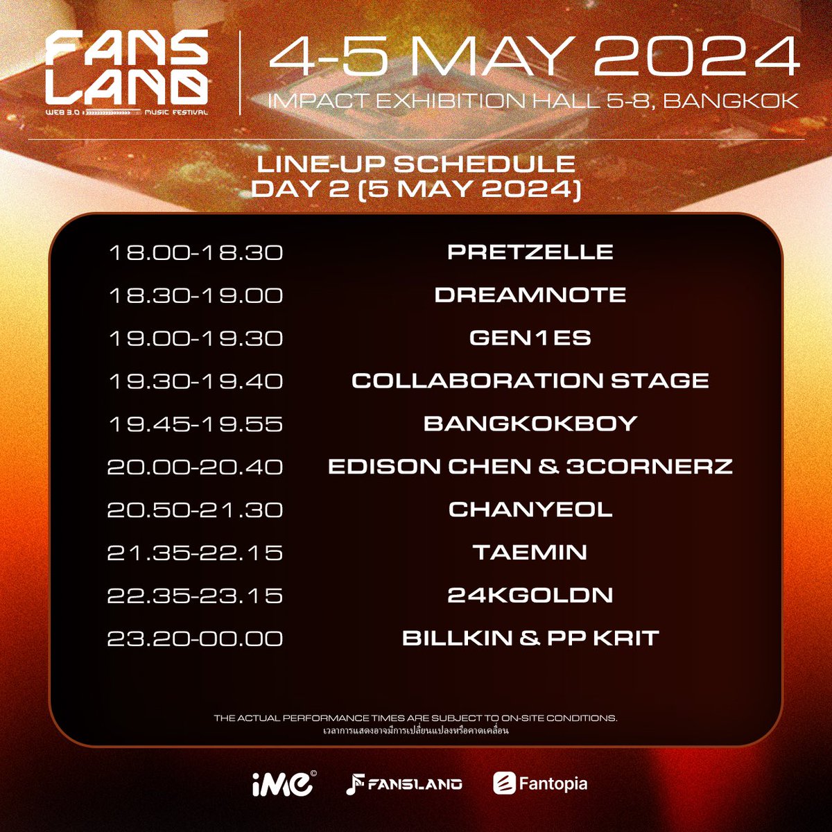📢 ประกาศลำดับการแสดง Fansland Music Festival 2024 in Bangkok อัดแน่นไปกับโชว์พิเศษมากมายจากทุกศิลปิน จัดเต็มแสงสีเสียงโปรดักชั่นอย่างยิ่งใหญ่ แล้วเจอกัน 🗓️ 4-5 พฤษภาคม 2567 📍IMPACT EXHIBITION HALL 5-8 #fanslandmusicfestival #fansland #web3 #WAGMI #iMe #iMeThailand #iMeAsia