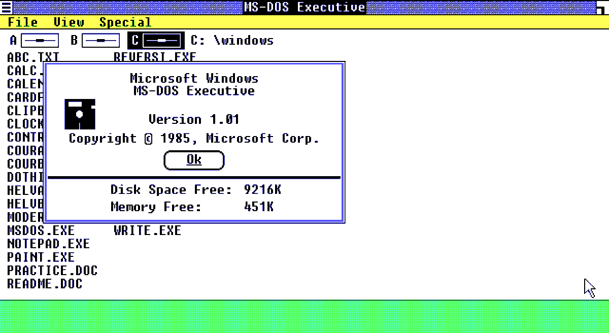 rezedus's tweet photo. Can we please address the elephant in the room called Electron first before picking on native apps a bit too liberal with memory usage?

The Windows 1.0 Calendar is actually *more* memory intensive when you factor in the fact this runs in 640k. With way less functionality, obv. https://t.co/CCZBpC23ep