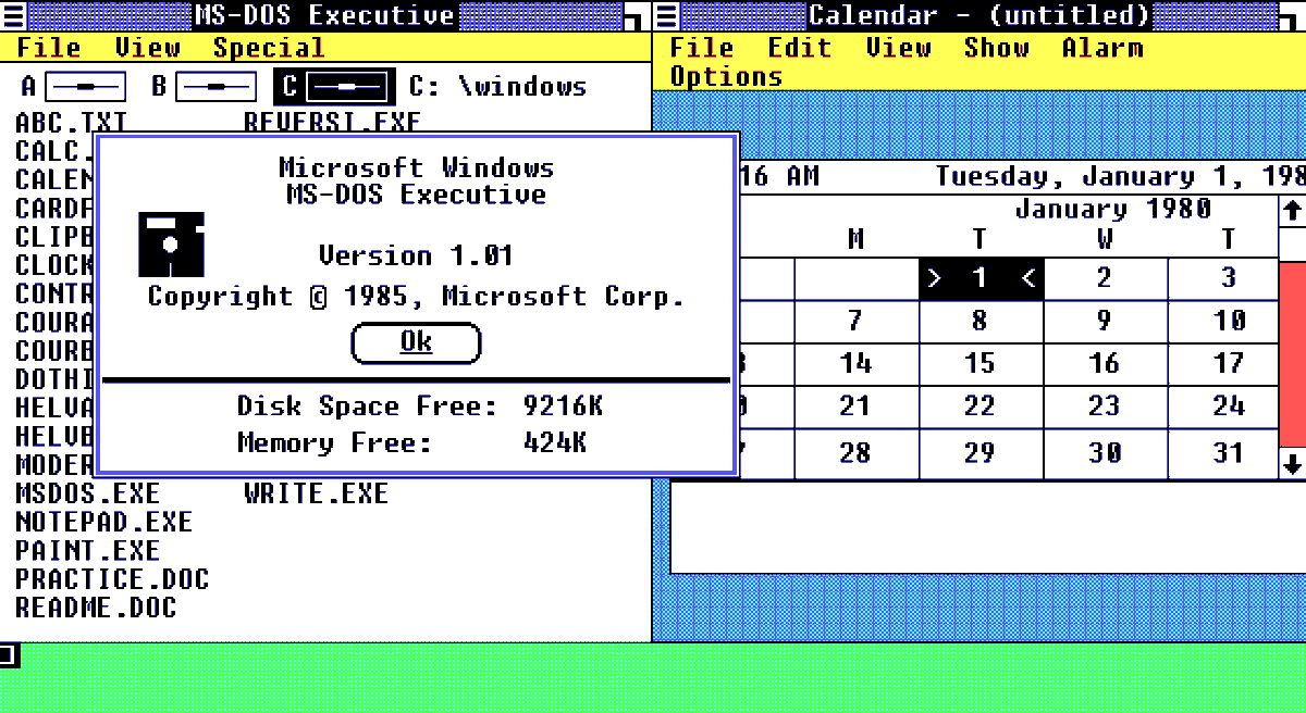 rezedus's tweet photo. Can we please address the elephant in the room called Electron first before picking on native apps a bit too liberal with memory usage?

The Windows 1.0 Calendar is actually *more* memory intensive when you factor in the fact this runs in 640k. With way less functionality, obv. https://t.co/CCZBpC23ep