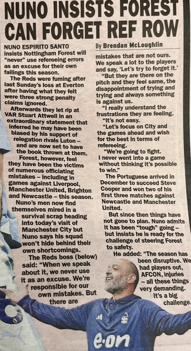 Nuno Espírito Santo insists #nffc won’t use refereeing controversies as an excuse for their own failings this season. Forest just one point above the drop zone ahead of hosting #mcfc today.