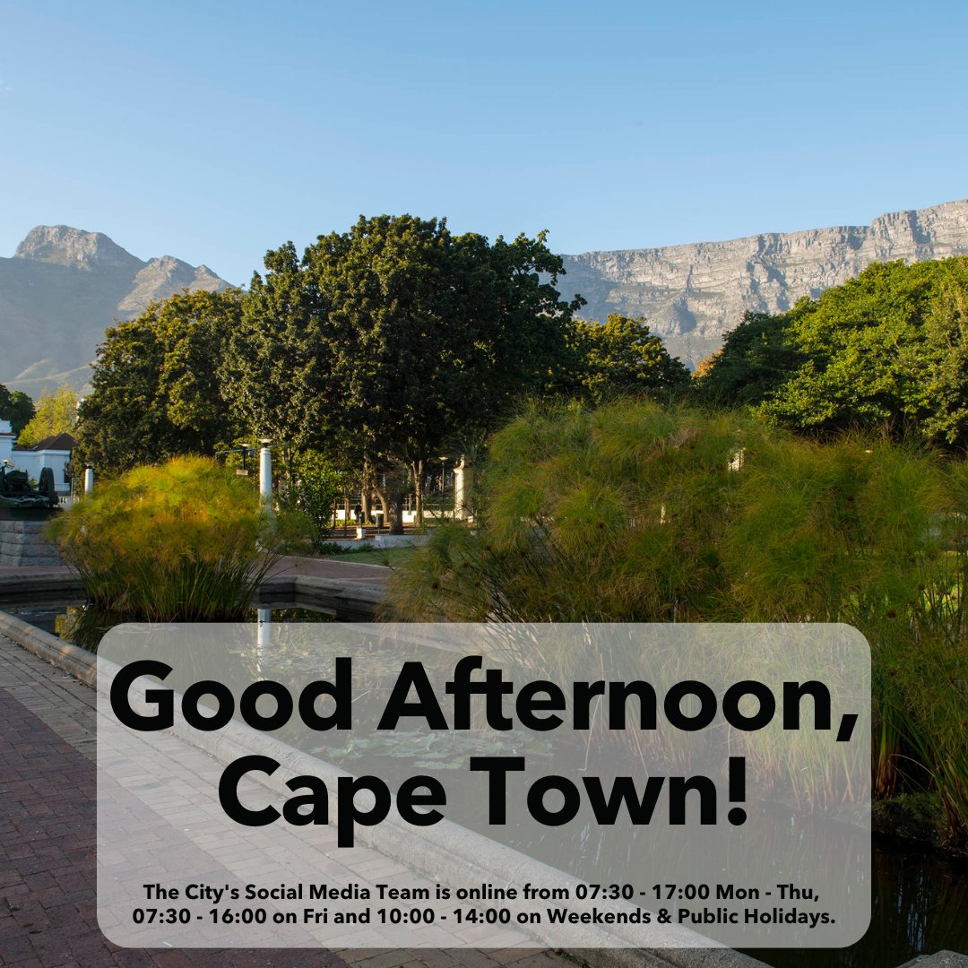 Good afternoon Cape Town! Our team will return tomorrow. If you need anything, call us on 0860 103 089 or download the City's App: 🍎 apple.co/3pZAkth 🤖 bit.ly/3pMGltv For emergencies, call 021 480 7700 from a cellphone or 107 from a landline. #OneCityTogether