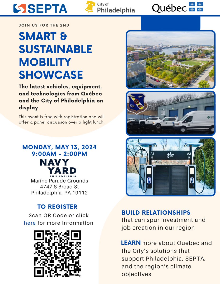 Please join us for a mobility showcase in partnership with Québec, the City of Philadelphia, and SEPTA. The event focuses on building relationships that can spur investment and job creation in the region. Register at bit.ly/3PNj1Wm