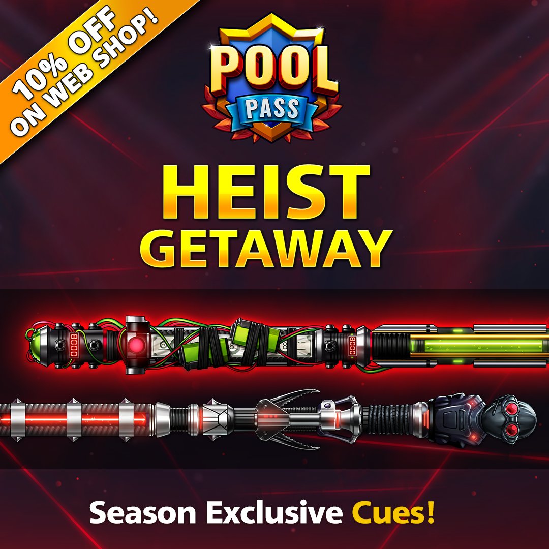 Which #HeistGetaway Season Cues have you snatched for your collection? 💰 💥 🎱 Plastic Explosive Cue? 🎱 Covert Cue? Get 10% off the #PoolPass on our Web Shop & start claiming these rewards TODAY! 🎁 Special Offer » mcgam.es/KEMlm9 #8BallPool