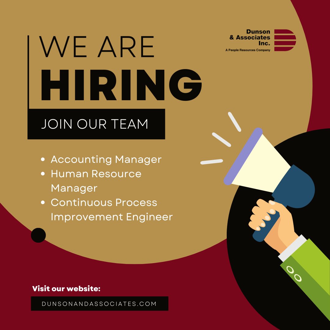 We are looking for the following talents. If you are interested, click the link to apply.

Accounting Manager
Location: Glenview, IL
Details: bit.ly/3PvhgNn 

Human Resource Manager (manufacturing)
Location: Axis, AL
Details: dunsonandassociates.com/open-jobs.html…

Continuous Proce ...