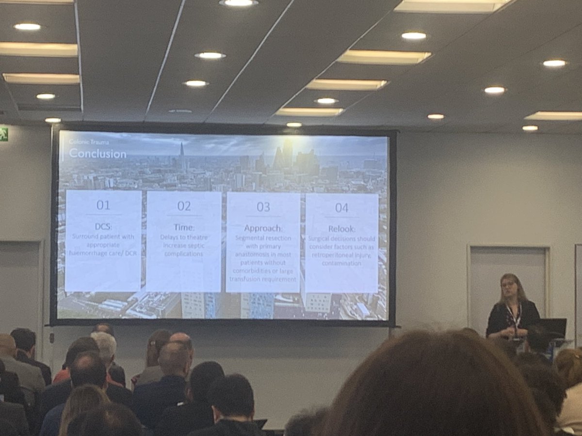 #ECTES2024 @estesonline 

@KateHancorn @RoyalLondonHosp @asgbi 

Destructive colon injury: fix or bail out?
- def’n: AAST grade 3+
-Damage control
-⬇️delay to theatre
-Segmental resection & anastomosis (unless comorbid or ⬆️transfusion)
-Relook- beware retroperitoneal injuries
