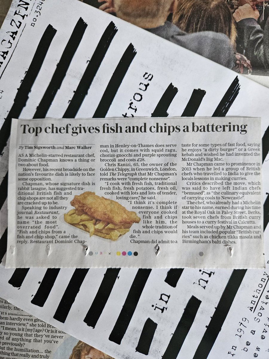 OK FOLKS .. Dominic Chapman is apparently a Michelin starred chef and he says that the most overrated food in this country is 'Fish and chips fom a fish and chip shop' .. What an insufferable snob. His signature dish is rabbit lasagne .. Yeh, We'll all be queing up for that 👎🐇