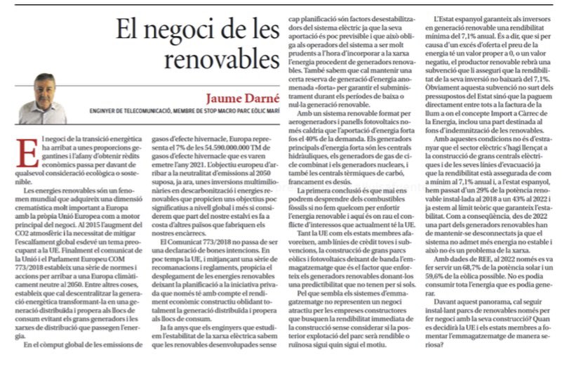 'El negoci de les renovables', article de @jaumedarne avui al @DiarideGirona