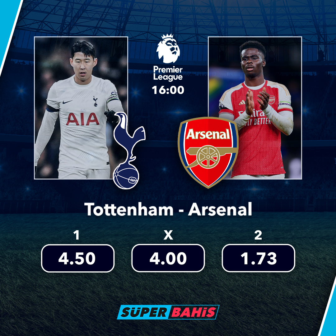 🔹 SüperBahis’te günün Premier Lig maçında; Tottenham, Arsenal’ı ağırlıyor! 🎁 Süperkupon ile daha çok bahis seçeneği, daha çok kazanç! Kazanç sağlayamadığınız her gün 50 TL'ye kadar %50 bedava bahis sizin olsun. 📲 Bu maça dair en özel oranlar için —> ow.ly/TGlY50Rq9jz