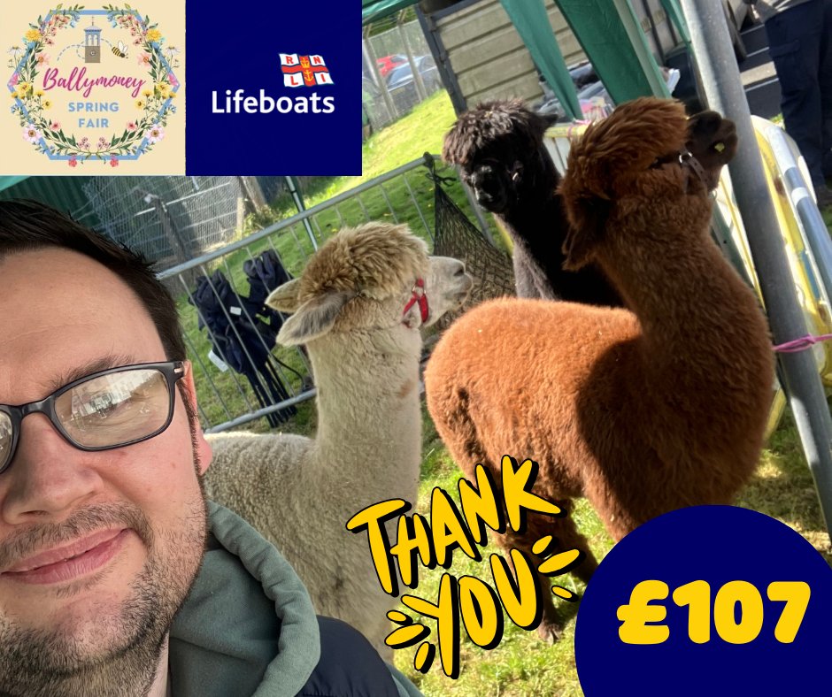 At #BallymoneySpringFair last week, we put out at bucket at my stand with the alpacas for people to throw in some change. Delighted to send the £107 collected to the @CausewayCouncil Mayor's Charity, @RNLI 🛟 Many thanks to everyone that donated 🙏 causewaycoastandglens.gov.uk/council/mayor/…