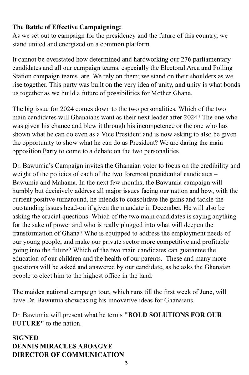 Dr. Mahamudu Bawumia BEGINS CAMPAIGN The big issue for 2024 comes down to the two personalities. Which of the two main candidates is saying anything for the sake of power and who is really plugged into what will deepen the transformation of Ghana? #BoldSolutionsForTheFuture