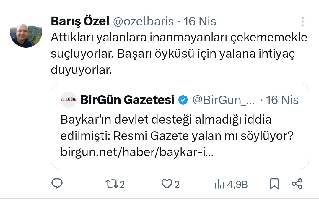 CHP Genel Başkanı Özgür Özel'in kardeşi Barış Özel'in BAYKAR ve Hendek Operasyonlarını hedef alan paylaşımları;