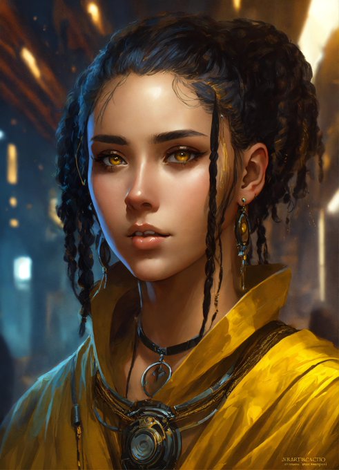 Portrait of a young woman, ultra detailed piercing yellow eyes, 20 years old, olive skin, short black