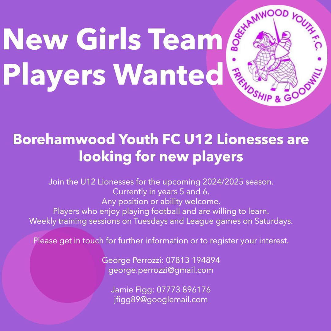 Exciting news! Introducing the newest addition to Borehamwood Youth FC: the U12 Lionesses team. Get ready to roar onto the pitch and showcase your talent! 🦁⚽ #BorehamwoodYouthFC #LionessesU12 #FutureStars