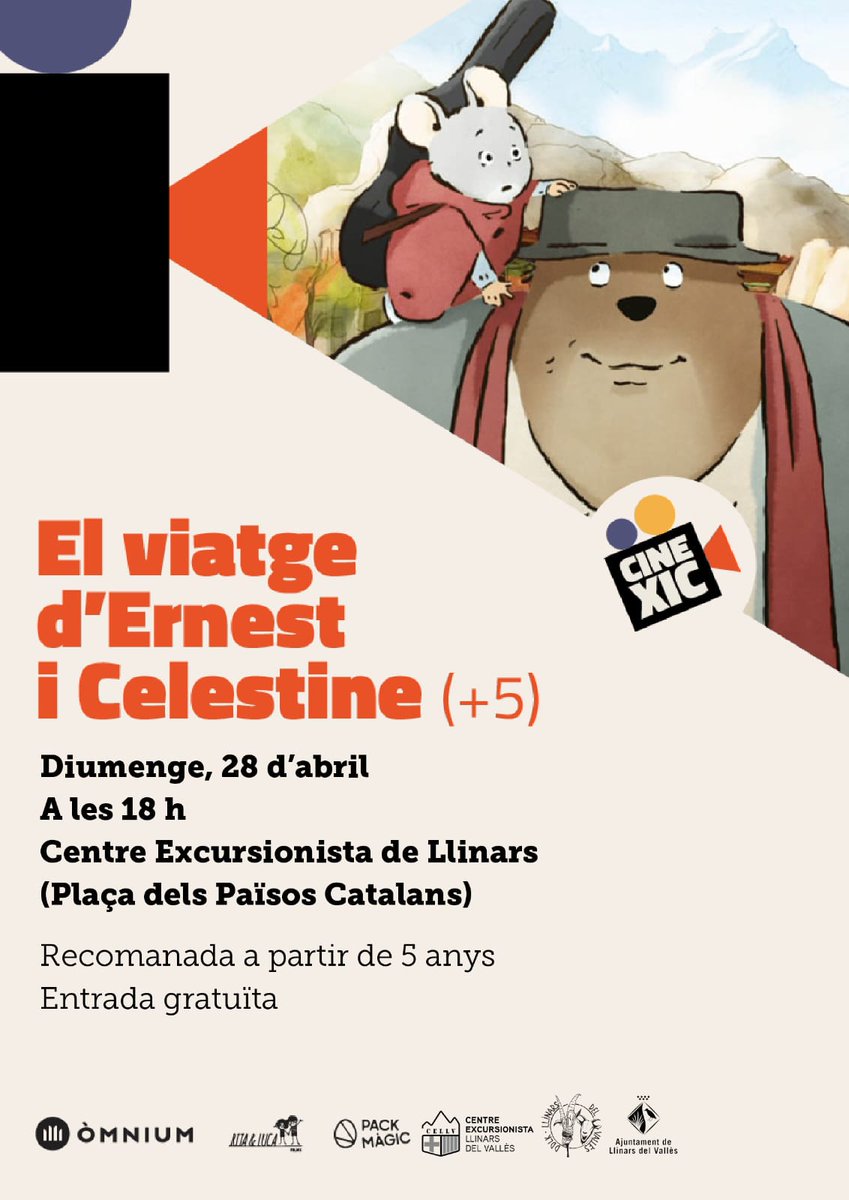 🗓️ Avui a les 18.00 h
🎞️ Pel·lícula _*EL VIATGE D'ERNEST I CELESTINE*_
📍 al nostre local.
👧🏻 Recomanada a partir de 5 anys. És necessari un acompanyant adult
👉 *Entrada gratuïta*
🏠 Aforament limitat

#Cinexic @omnium @RitaLucaFilms @PackMagic_ @OmniumBMontseny