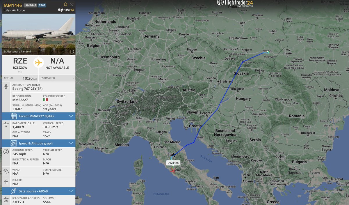 alternativewip's tweet photo. #IAF italian air force 767-2EY(ER) seen on the flight radar having departed from rzeszow poland, aircraft having just touched down at rome itsly. #IAM1446 #33FE7D https://t.co/LOfapzGYck