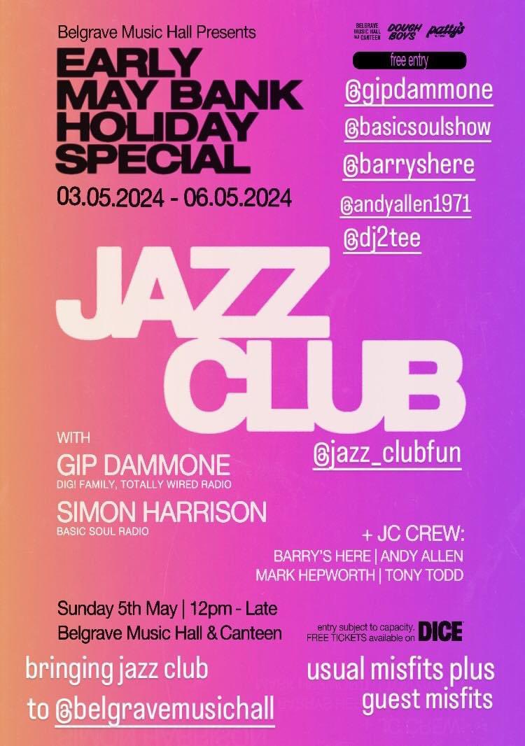 Jazz Club next Sunday 5th May @Belgrave_Leeds