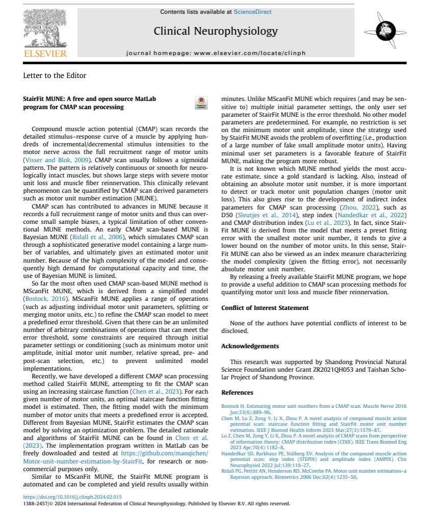 [Compound muscle action potential (CMAP) scan] Chen and Zhou: 'We hope to provide a useful addition to CMAP scan processing methods for quantifying motor unit loss and muscle fiber reinnervation.' doi.org/10.1016/j.clin… StairFit MUNE: A free and open source Matlab program.