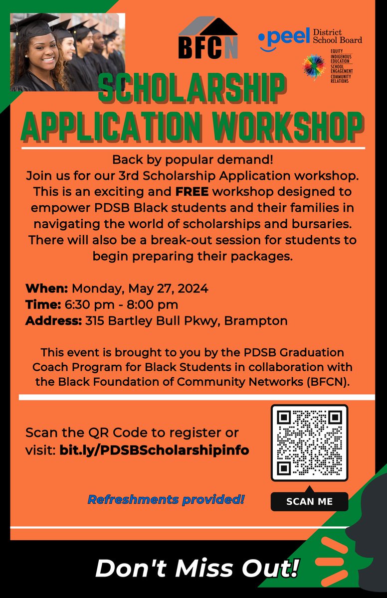 Back by popular demand - PDSB Graduation Coach Program for Black students in collaboration with BFCN host Scholarship Application workshop. See flyer for registration info! @PeelSchools