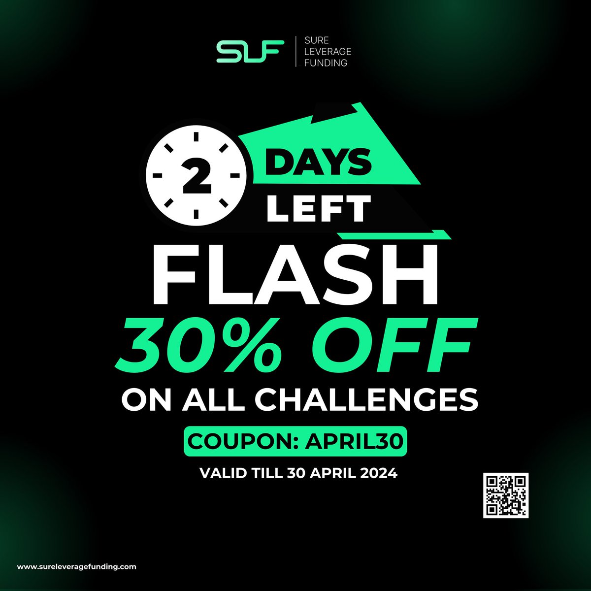 🚨 Hurry, Hurry! Only 2 DAYS LEFT! 🚨 FLASH 30% OFF on ALL CHALLENGES with coupon code: APRIL30. Don't miss out! Offer VALID TILL 30 APRIL 2024. Get ready to conquer your goals NOW! 🏃‍♂️💨 . Visit: sureleveragefunding.com Follow: @sureleveragefunding