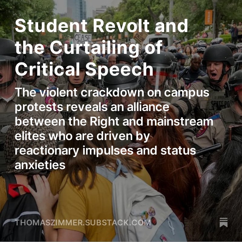 I wrote about why the phalanx of elite opinionists who pretended to be all riled up about the “free speech crisis” on college campuses for years has had nary a critical word to offer about the violent suppression of speech happening right now. This week’s piece (link in bio):