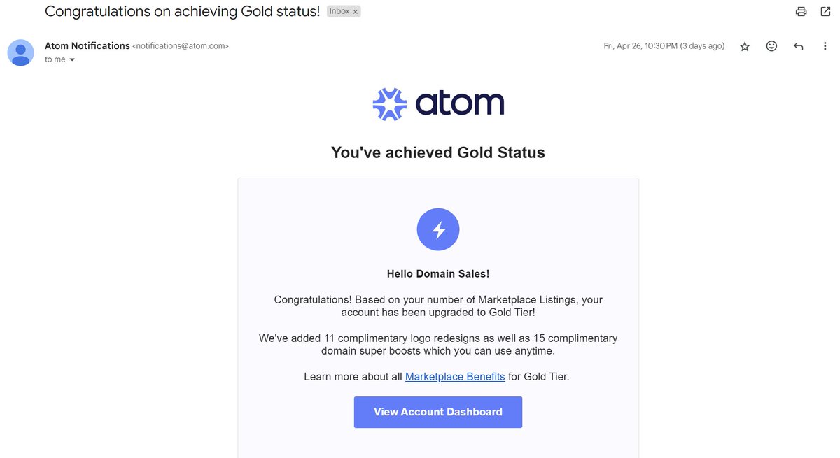 Recently achieved Atom Gold Status with over 100 premium approved names listed on their platform

#domainname