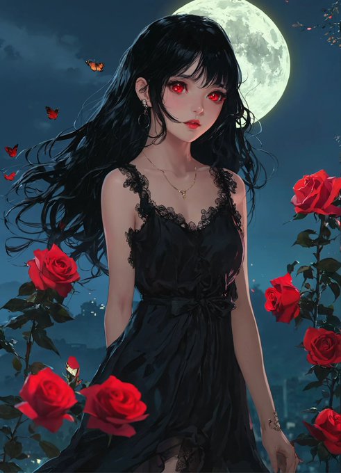 A woman with black hair, long hair, red eyes, black see-through sleeveless dress that goes down to the