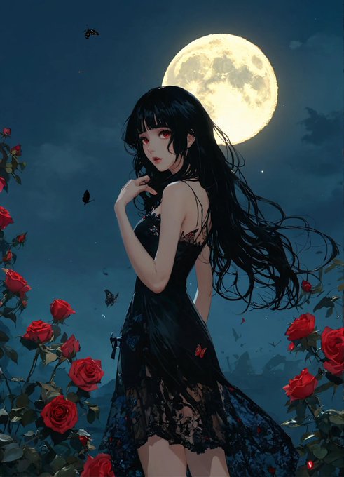 A woman with black hair, long hair, red eyes, black see-through sleeveless dress that goes down to the
