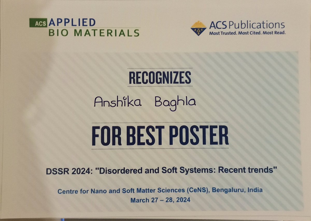 Received 'Best Poster Award' at DSSR 2024, organized by @CeNS_Bangalore . Had a great interaction with the peers! 🙂