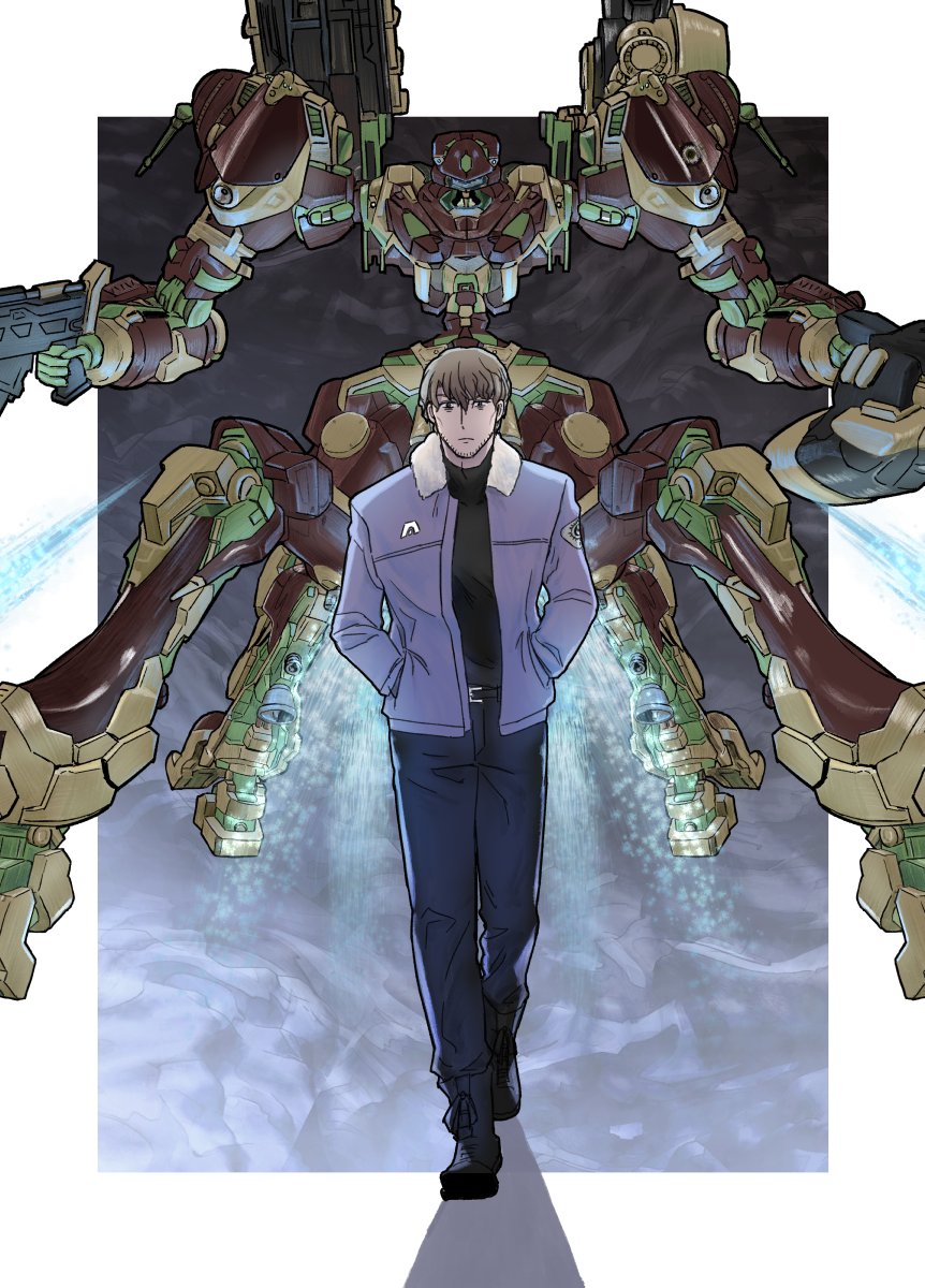 looking at viewer brown hair 1boy holding jacket male focus weapon  illustration images