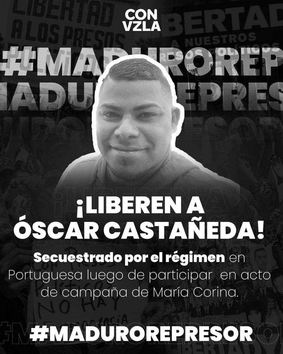 #URGENTE: Tiranía de Maduro secuestró a Óscar Castañeda, miembro de Vente Venezuela en #Portuguesa. Había llegado hace solo 20 días al país y por decidir luchar por un cambio fue vilmente secuestrado por órdenes de Primitivo Cedeño y Nicolás Maduro. Exigimos su libertad.