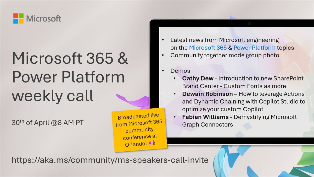 📆 Agenda for the #Microsoft365dev & #PowerPlatform call 30th of April • The latest news and updates • Focus on #SharePoint, #Copilot Studio & #MicrosoftGraph • Presented by @catpaint1, @Dewain76 & @fabianwilliams and more... 🚀 👋 Join the call → aka.ms/community/ms-s…