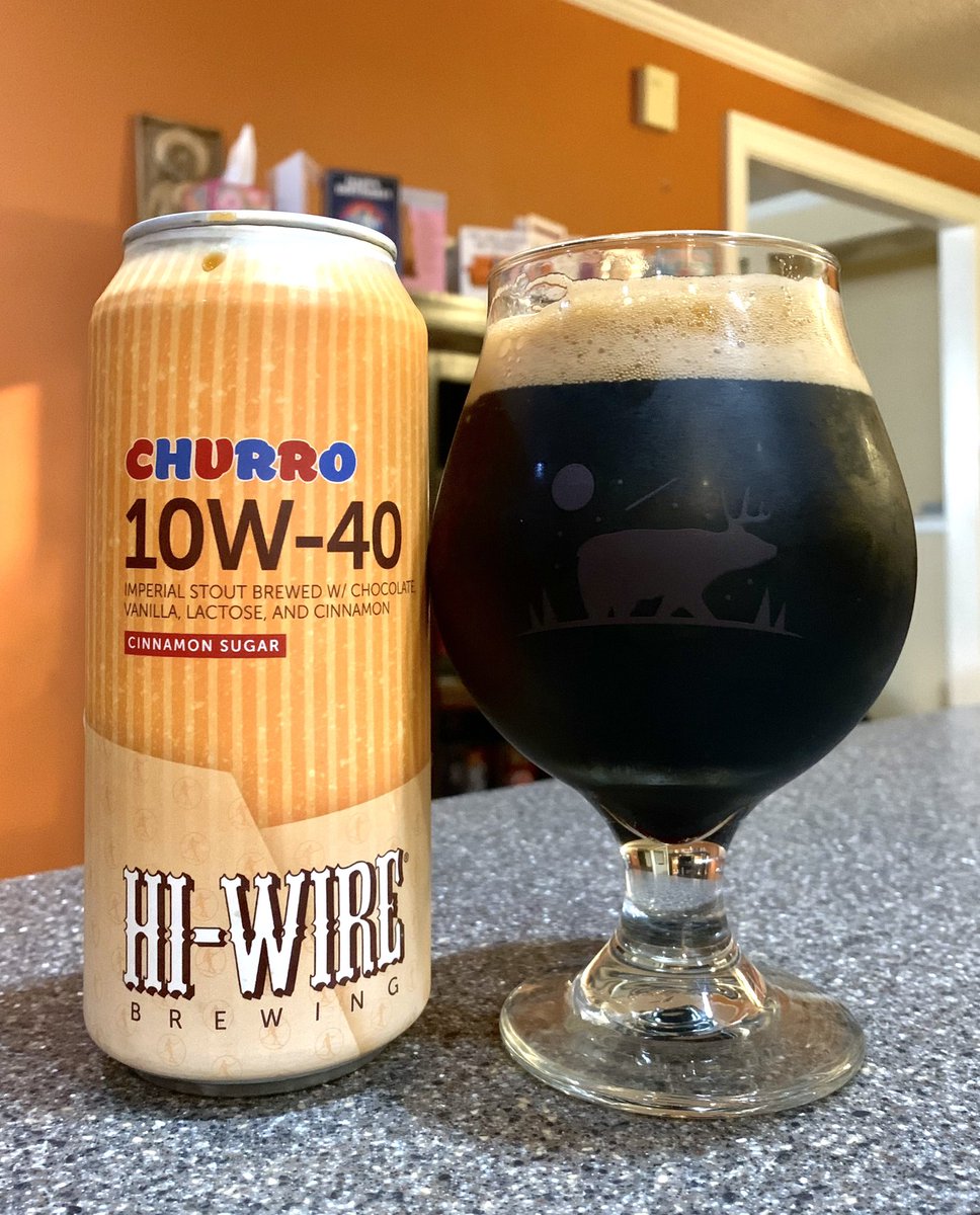 Churro 10W-40 by @HiWireBrewing.

Roasty aroma. Black pour. Chocolate with a hint of cinnamon. Maybe some vanilla. Seems thin & watery compared to others in the series.

#ItsAlwaysStoutSeason #NCBeer #BeerReview #Craftbeer #BeerGeek