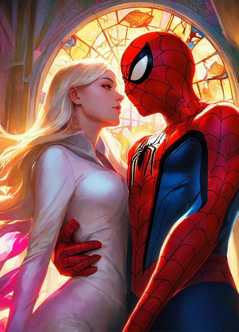 Spider-man and spider gwen, art by artgerm and greg rutkowski and alphonse mucha and william - adolphe