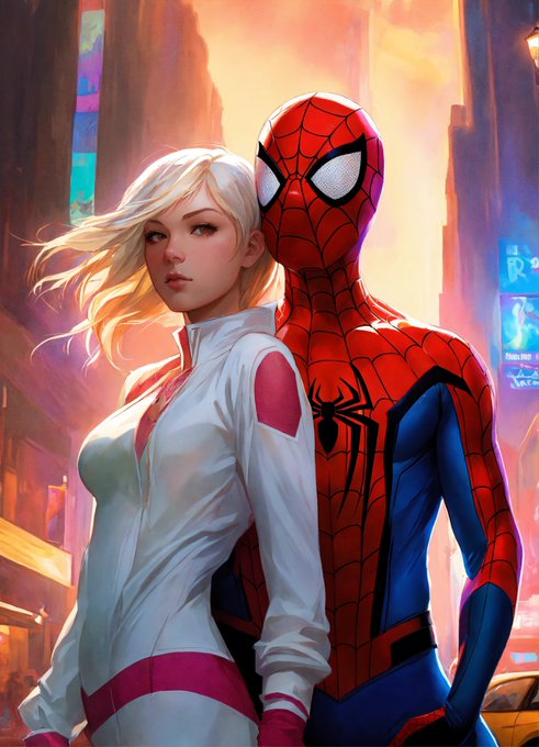 Spider-man and spider gwen, art by artgerm and greg rutkowski and alphonse mucha and william - adolphe