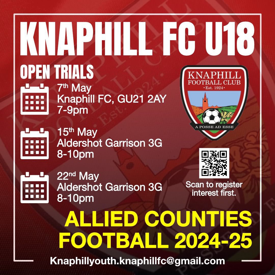 SAVES THE DATES | Knaphill U18’s are holding open trials for players to join our squad.

🗓️ 7 May, 7-9PM.
📍 The Home of The #Knappers - #ReddingWay, GU21 2AY.

🗓️ 15 & 22 May - 8-10PM.
📍 Aldershot Garrison 3G.

Register your interest below. ⬇️ 

forms.gle/3Mr7ykXUFV4kvv…