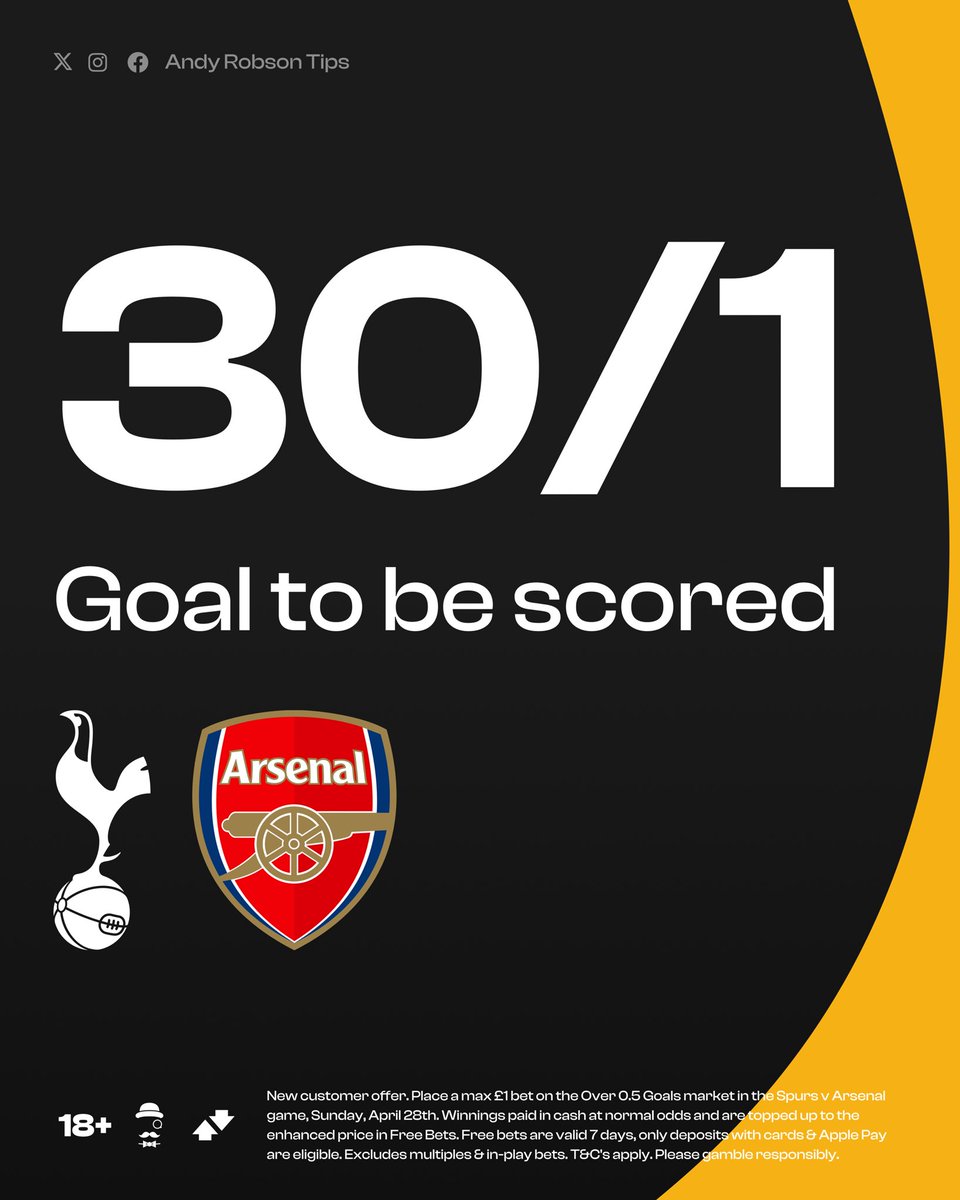 🚀 30/1 for a Goal in Spurs v Arsenal This is a great offer if you don’t already have an account with Betfair. Follow these steps: 1️⃣ Claim offer: bit.ly/Goal-NLD 2️⃣ Bet £1 on Over 0.5 Goals at normal odds ✅ Paid out at 30/1 (£30 Free Bets) 18+, T&Cs Apply. Ad.