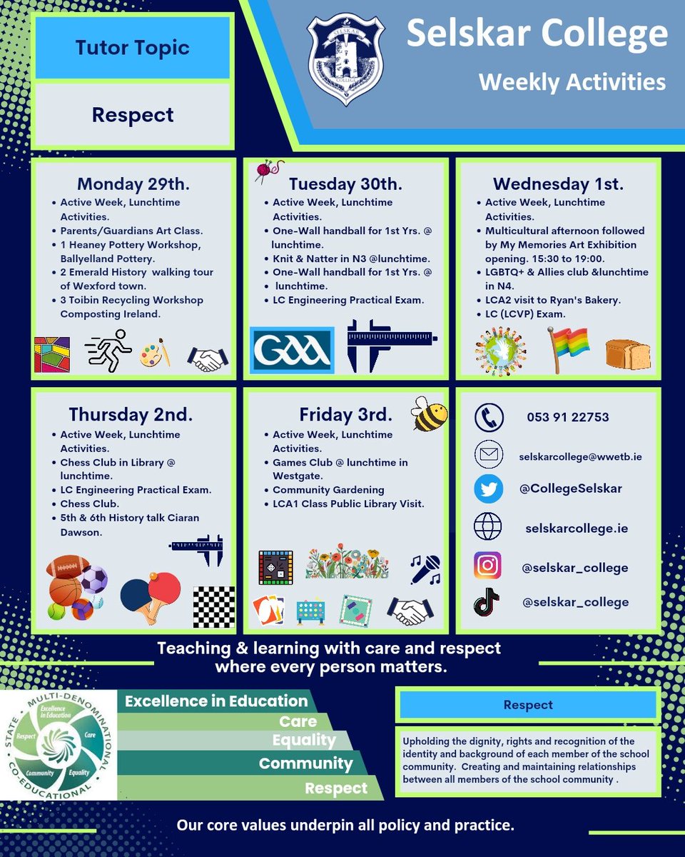 Busy week ahead ! 👏🤝
Check out our Weekly Activities. 🏐🚶‍♂️🏀💻🎨🎶🏃‍♀️🏃‍♂️🎲♟️📚

#excellence #community 
#selskarstyle #wwetb