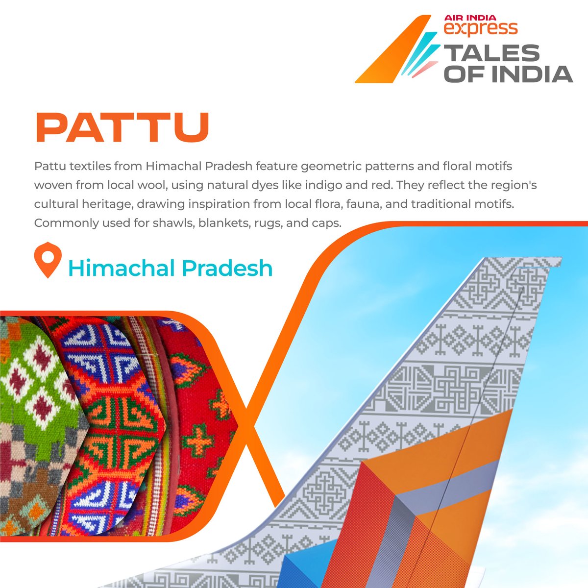 Immerse yourself in the intricate beauty of India's cultural tapestry with #TalesOfIndia! Gracefully adorning the tail of our VT-BXK is the enchanting Pattu weave, hailing from the picturesque landscapes of Himachal Pradesh. Pattu weaves are a testament to the region's rich