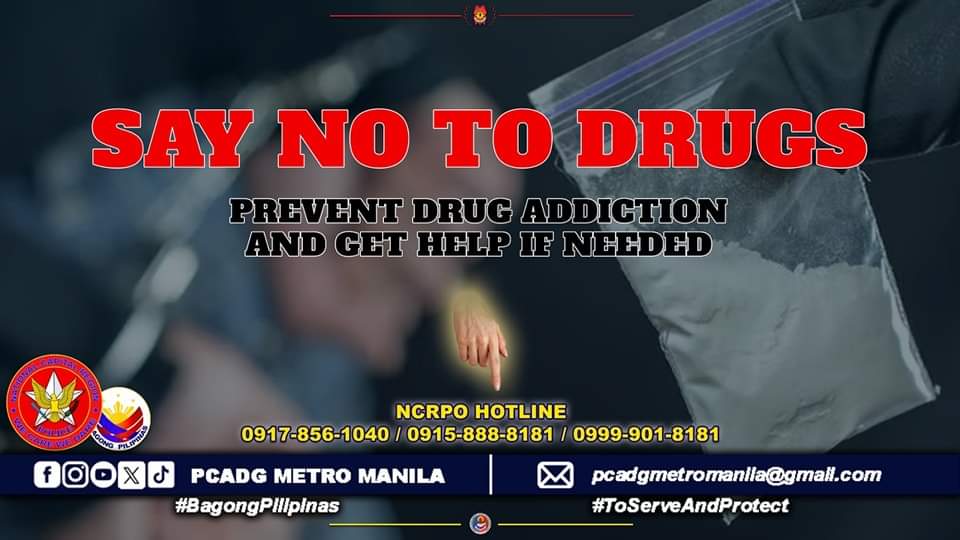 Walang kinabukasan sa Ilegal na Droga!

Iwasan ang Pagkagumon sa Droga at humingi ng tulong kung kinakailangan.

NCRPO HOTLINE:
0917-856-1040
0915-888-8181
0999-901-8181

#BagongPilipinas 
#ToServeandProtect 
#DitoSaBagongPilipinasAngGustoNgPulisLigtasKa
#PCADGMetroManila