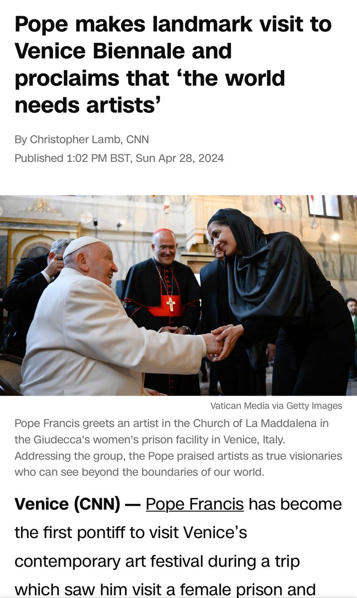 Pope Francis makes a landmark visit to the Venice #Biennale and proclaims that ‘the world needs artists.’ While there he went to a female prison & rehabilitated the reputation of a pioneering American nun artist, Corita Kent. My @CNN report: cnn.com/2024/04/28/sty…