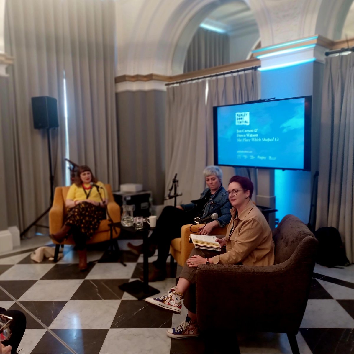 @HeatherParryUK introduces Dawn Watson @yopopodawn & @JanCarson7280 before they give a reading for the audience at the event 'The Place Which Shaped Us' their books can be bought from our book partners @BookNook_Sarah #ImagineSomethinfDifferent