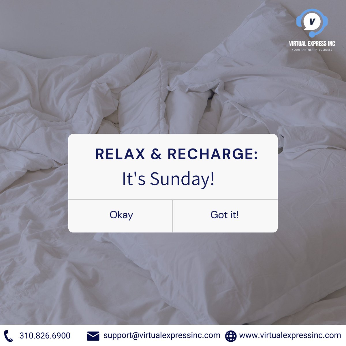 Give yourself the gift of relaxation today.

Whether it's a cozy read, a nature walk, or simply soaking up some sun, make time to unwind and prepare for the week ahead. 🌿

#SelfCareSunday #SundayChill #RefreshAndRecharge
#Virtualexpressinc