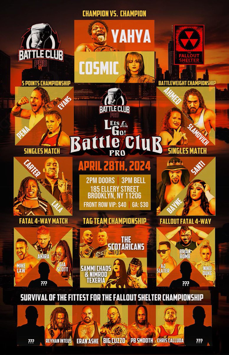 9 months later and @Battleclubpro IS BACK! And it’s a beautiful day for some pro wrestling. 185 Ellery Street , Brooklyn, NY, 11206 🚪2PM 🛎️3PM 🎟️ available at the door
