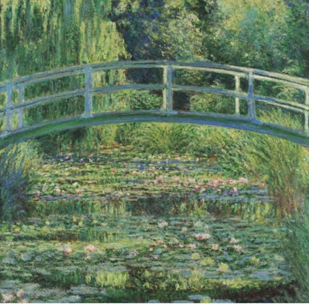 #TwitterCultural #PerlitasDeArte 'HISTORIA DE CADA PINTURA' 🖼 EL ESTANQUE DE NENÙFARES -1899-Oleo s/lienzo-89 X 92 cm- 👨‍🎨 CLAUDE MONET 🏛 De Orsay (Paris) Monet pinta su propio jardin acuático (con nenúfares) con inspiracion japonesa (por eso el puente)... ... sigue 👇