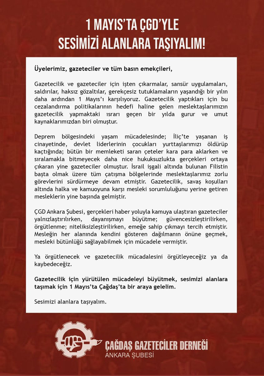 Bu 1 Mayıs'ta da sesimizi ÇGD'yle alanlara taşıyoruz. Gazeteciler için yürüttüğümüz mücadeleyi büyütmek, sesimizi alanlara taşımak için tüm meslektaşlarımızı 1 Mayıs'a bekliyoruz. Yer: Atatürk Kültür Merkezi Metro İstasyonu Saat: 11.00