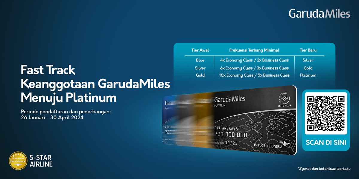 Ingin segera menjadi GarudaMiles Platinum dan menikmati berbagai keuntungannya? Jangan lewatkan kesempatan ini! Info lengkap: garuda-indonesia.com/id/id/special-… #GarudaIndonesia #BecauseYouMatter