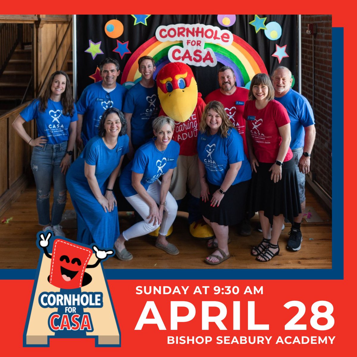 🎈Happy Cornhole for CASA Day!🎈
9:30 AM - Cornhole Clinic
10:30 AM - Pro-Am Tournament (watch ACL Pros team up with KU student athletes)
12:00 PM - Tournament Time (recreational, intermediate &amp; advanced play)
+++ KU Volleyball, door prizes &amp; more! 💙❤️ 
dccasaks.org/cornhole-for-c…