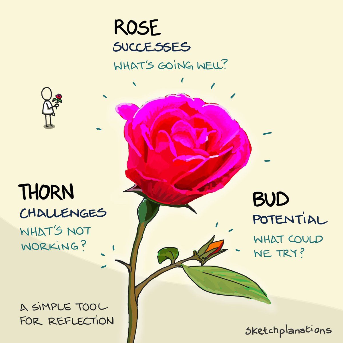 Rose, thorn, bud: a reflection tool for yourself or your team. Look back at a recent project or how things are going and reflect on each aspect: - Rose: Successes. What's gone well? - Thorn: Challenges. What could we do better? - Bud: Opportunities. What could we explore or try?